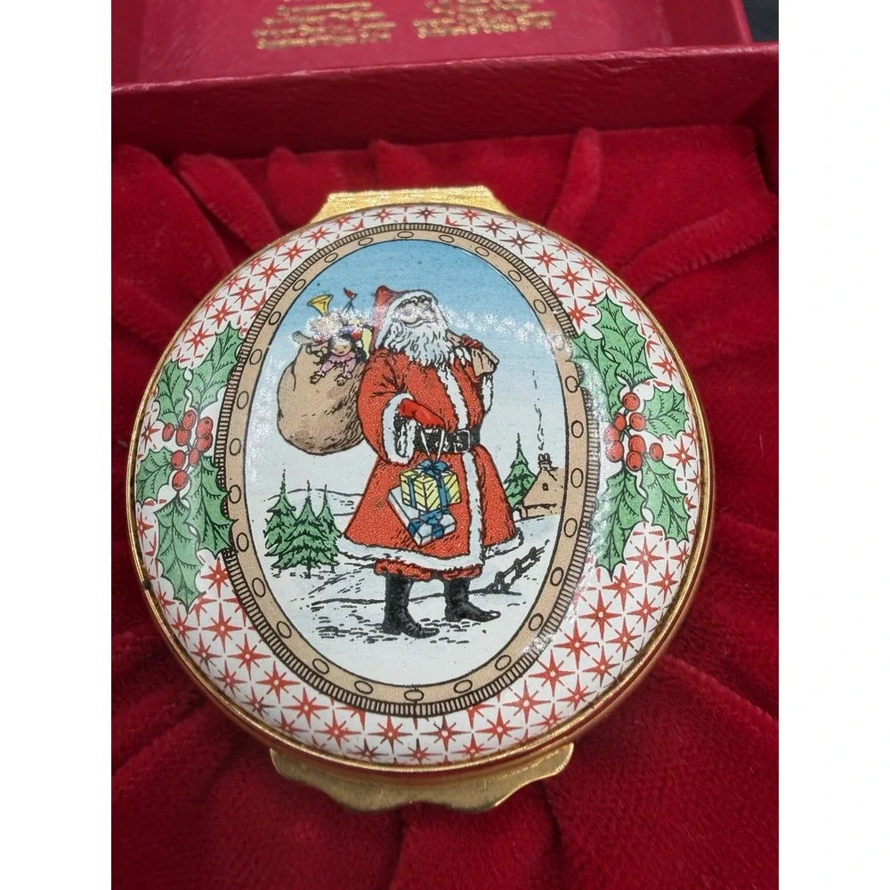 🎄 Halcyon Days Enamels 1984 Christmas Trinket Box – Santa – Vintage – EUC ✨